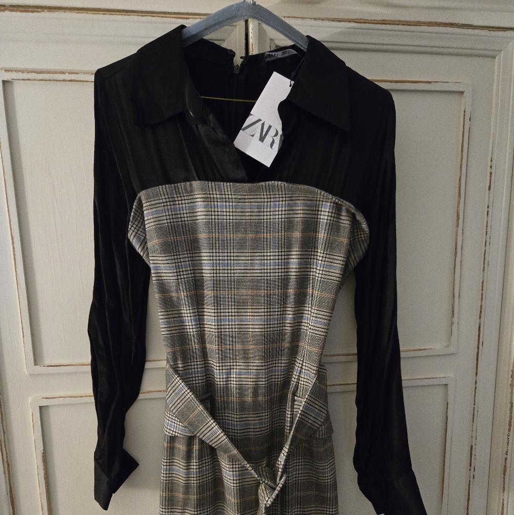 Zara Black and Gray Plaid Midi Dress